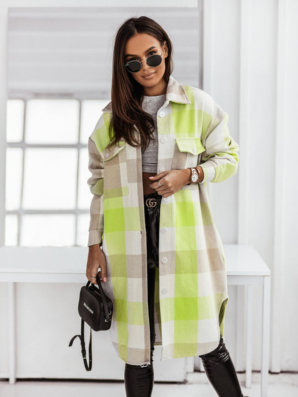 Women's new color flannel plaid long windbreaker fashionable shirt woolen jacket