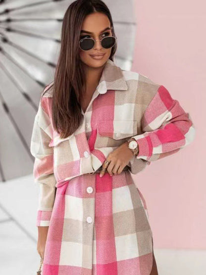 Women's new color flannel plaid long windbreaker fashionable shirt woolen jacket