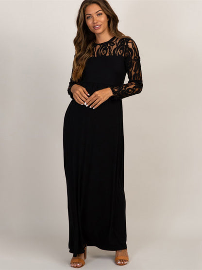 New European and American fashion solid color maternity lace hollow long sleeve dress long dress