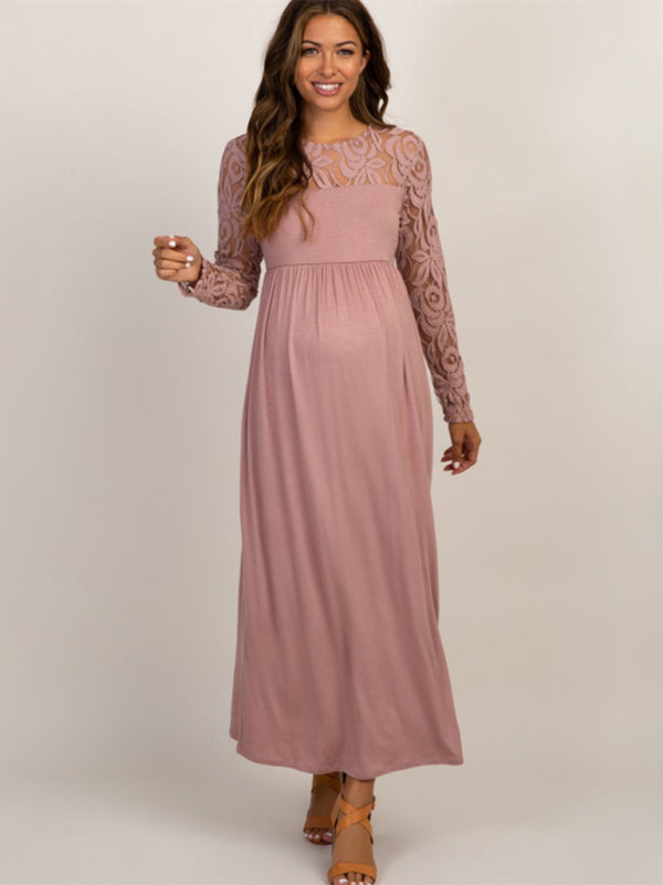 New European and American fashion solid color maternity lace hollow long sleeve dress long dress